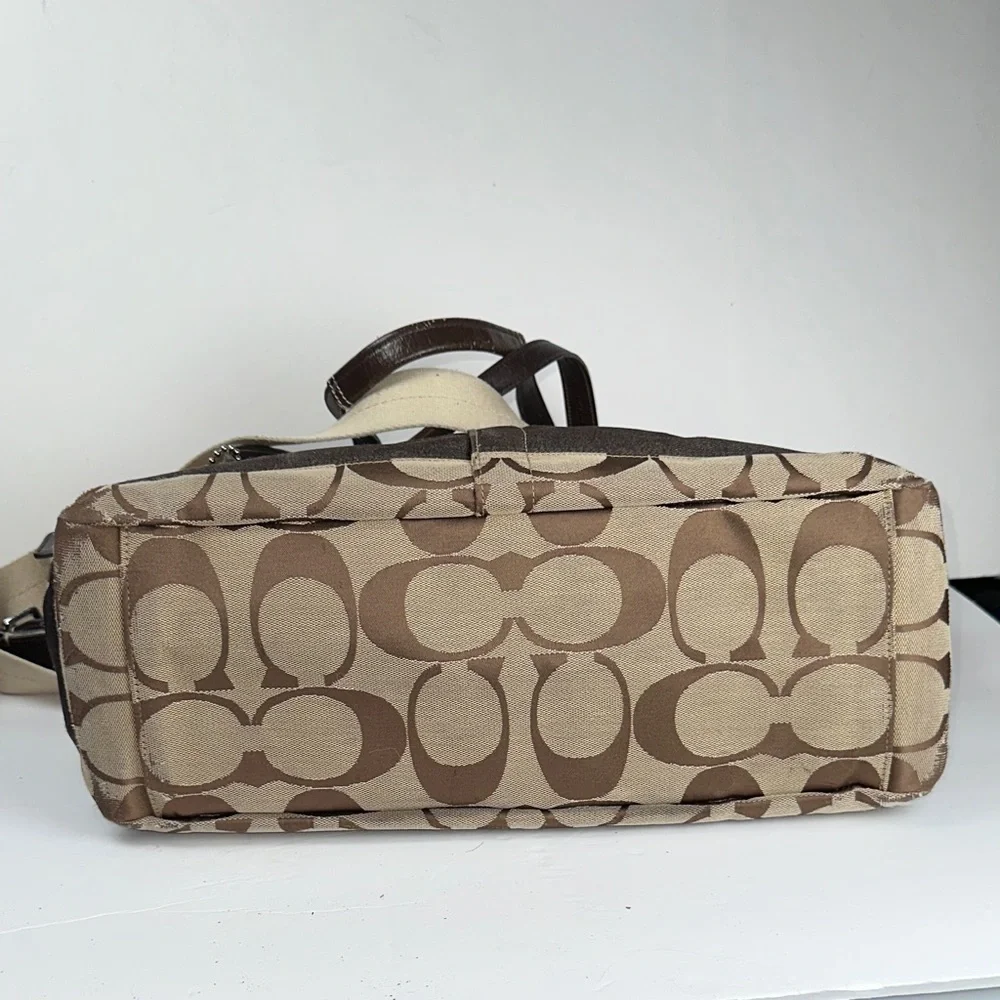 Coach Signature Stripe Diaper Bag Canvas Leather Tote Brown Khaki Baby Bag